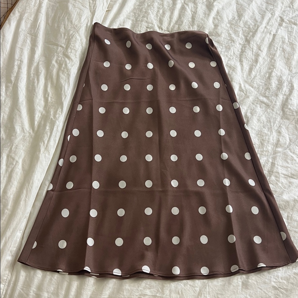 LOFT Brown Polka Dot Satin MIDI Skirt